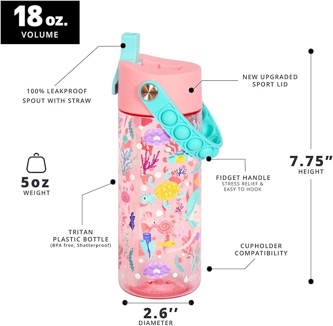 Elemental Leak Proof Water Bottles for Kids - Splash Kids Water Bottle for School with Pop-it Handle - Tritan Plastic Water Bottle with Straw - Mermaid & Robin's Egg - 18oz (2 Pack)