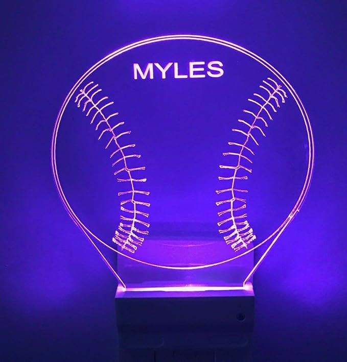 MIRROR MANIA Night Light Multi Color Personalized LED Plug-in, Ultra-Slim Touch Night Light Smart Dusk to Dawn Sensor, Kids Children's Bedroom Kitchen Bathroom Hallway Play Room Variations (Baseball)