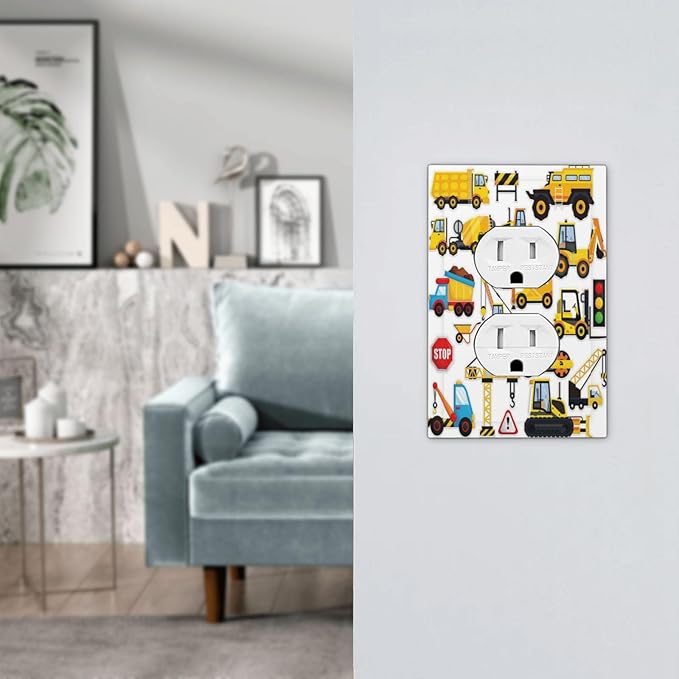 Yellow Truck Cartoon Transportation 1 Gang Outlet Plate Covers Decorative Single Duplex Wall Plate Electrical Receptacle Light Switch Cover Art Faceplate Switchplate for Kidroom Bedroom Decor