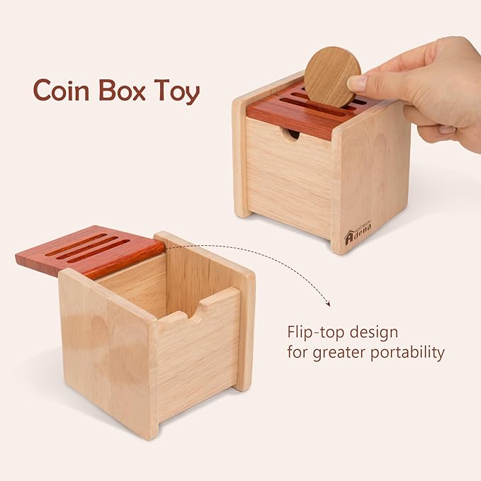 Adena Montessori Coin Box -Natural Wood Object Permanence Box Toy for 1-Year-Old Babies, Wooden Montessori Developmental Toy for 6-12 Month Infants, Early Learning Gift for Kids