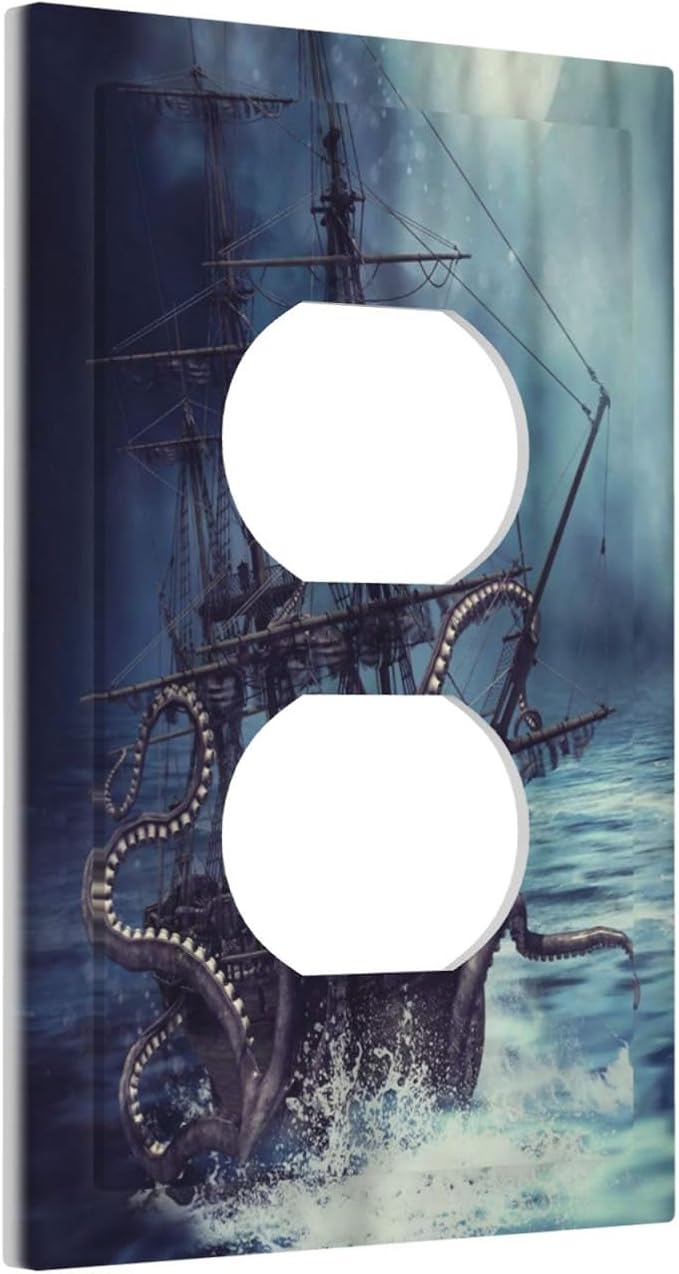 Octopus Ocean Kraken Nautical Pirate Ship 1 Gang Outlet Plate Decorative Single Duplex Wall Plate Covers Unique Electrical Receptacle Light Switch Cover Art Faceplate Switchplate for Bathroom Decor