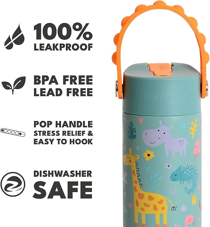 Elemental 100% Leak Proof When Spout is Closed Insulated Kids Water Bottle, Stainless Steel Bottle for School with Straw Lid & Pop-It Handle, Safari & Sage -18oz (2 Pack)