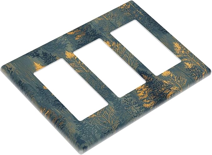 Decorative Light Switch Plate with Golden Trees & Abstract Gradient Forest Landscape Design 3 Gang Outlet Covers Triple Rocker Wall Plate Switch Plate Cover for Blue Retro Home Decor