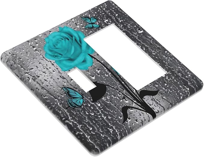 Romantic Aqua Teal Blue Rose Flower Floral Butterfly Decorative Single Toggle/Rocker Combo Light Switch Cover 2-Gang Electrical Wall Plate Double Combination Switch Decorator GFCI Receptacle Cover