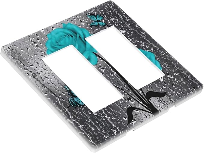 Aqua Blue Grey Raindrops Rose Floral 2 Gang Screwless Double GFCI Decorator/Rocker Outlet Light Switch Covers Woman Elegant Pretty Teal Flower Decorative Dual Device Receptacle Face Wall Plate Cover