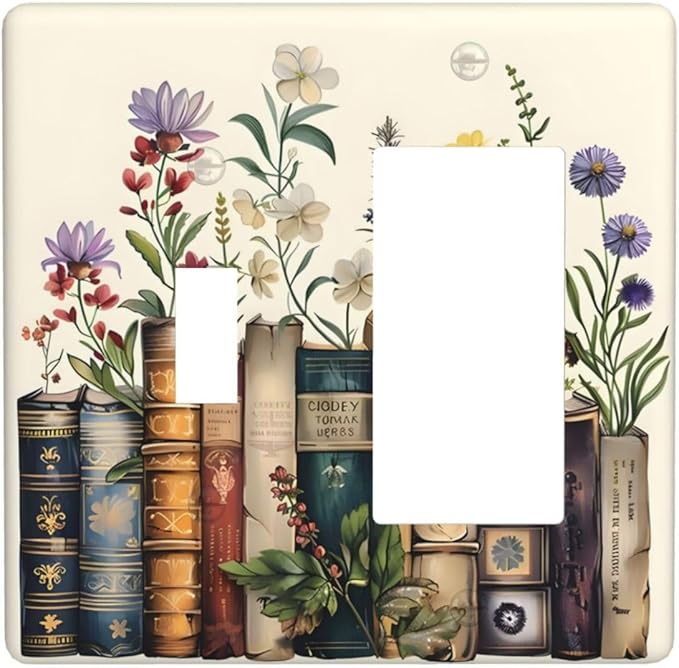 Plant Floral Books Colorful Flower Outlet Covers 1 Toggle 1 Rocker Combination Decorative Wall Plate Electrical Switch Plates Light Switch Cover Plate for Kids Room Bedroom Decor