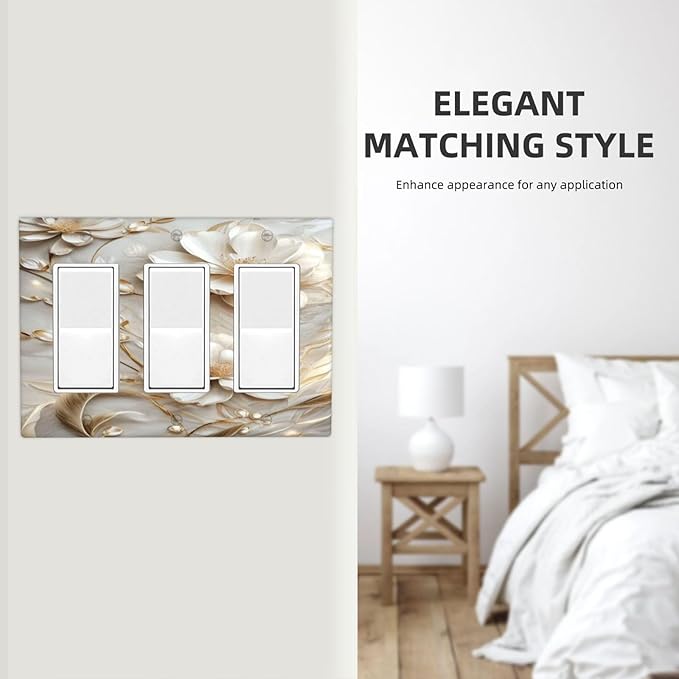 Decorative Art Light Switch Covers Elegant White and Gold Florals 3 Gang Triple Rocker Outlet Switch plate GFCI Faceplate GFCI for Home Decor