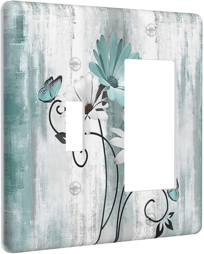 Teal Daisy Vintage Flower Butterfly Rustic Wood Print Outlet Covers 1 Toggle 1 Rocker Combination Decorative Wall Plate Electrical Switch Plates Light Switch Cover Plate for Farmhouse Home Decor