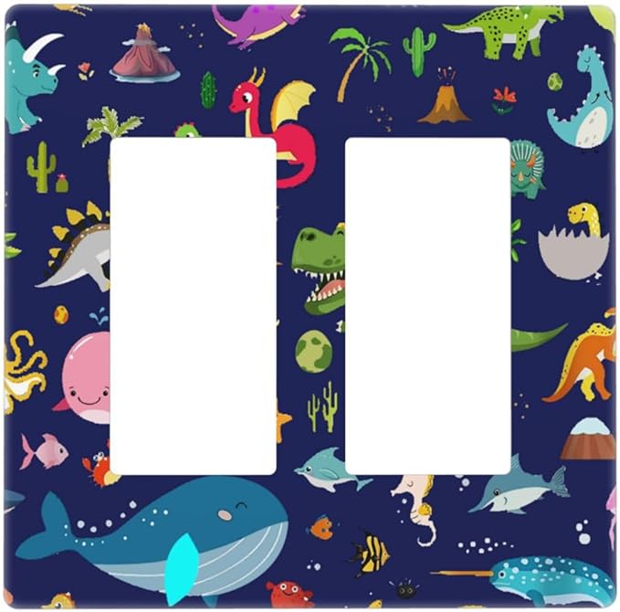 Cartoon Funny Cool Blue/Green Dinosaur 2 Gang Double Decorator GFCI/Rocker Wall Plate Boys Kids Whale Sea Life Dolphin Marine Electrical Outlet Decorative Receptacle Cover Light Switch for Dimmer, USB