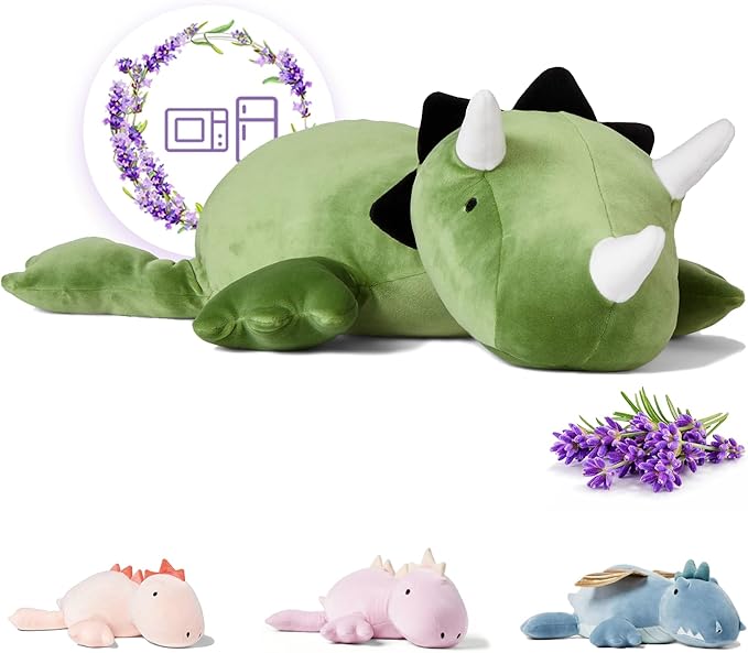 KOWSI® Microwavable Heating Pad Green Triceratops Plush - 1.4 Lb Weighted Stuffed Animal Toy with Tourmaline Beads & Lavender - 16" Squished Long Dinosaur Pillow - Lumbar Back Cushion Lasting Warmth