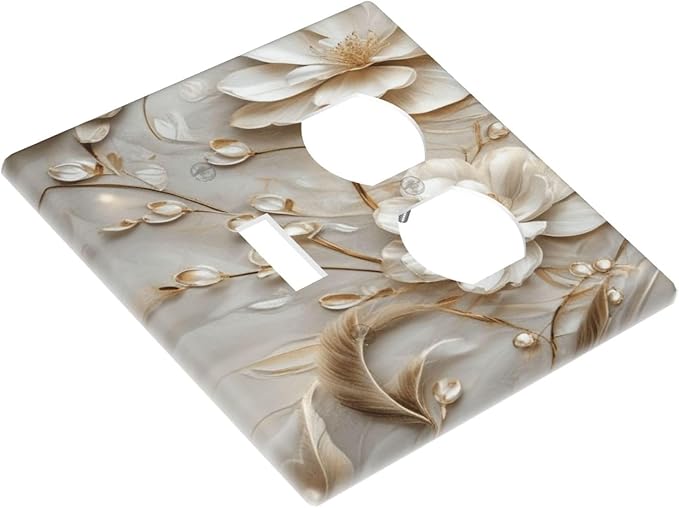 Decorative Art Light Switch Covers Elegant White and Gold Florals 2 Gang Single Toggle Duplex Combination Electrical Faceplate Switchplate Wall Plate for Home Decor