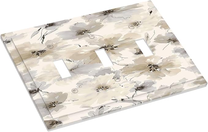 Decorative Light Switch Cover Plate Beige Flower Watercolor Flower 3 Gang Wall Plate Triple Toggle Switch Plate Covers Electrical Outlet Cover for Bedroom Home Decor