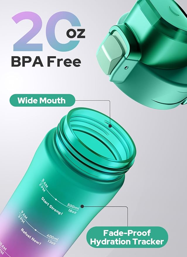 Opard Zip 20oz Plastic Water Bottle Dishwasher Safe, Leakproof Flip-Top Lid, BPA Free Tritan, Wide Mouth Reusable Kids Water Bottle for School Hiking Commuting Outdoor Travel and Gym