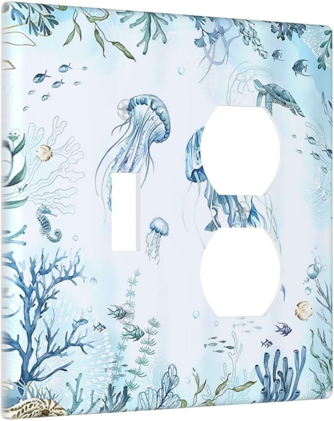 Wallplates Jellyfish Teal Blue Ocean Turtle Coastal Beach 1 Toggle 1 Duplex Switch Plate Electrical GFCI Faceplate Decorative Light Switch Covers for Bedroom Bathroom Decor
