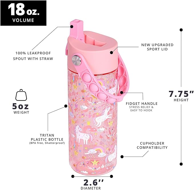 Elemental Leak Proof Water Bottles for Kids - Splash Kids Water Bottle for School with Pop-it Handle - Tritan Plastic Water Bottle with Straw - Mermaid & Pink Unicorn - 18oz (2 Pack)