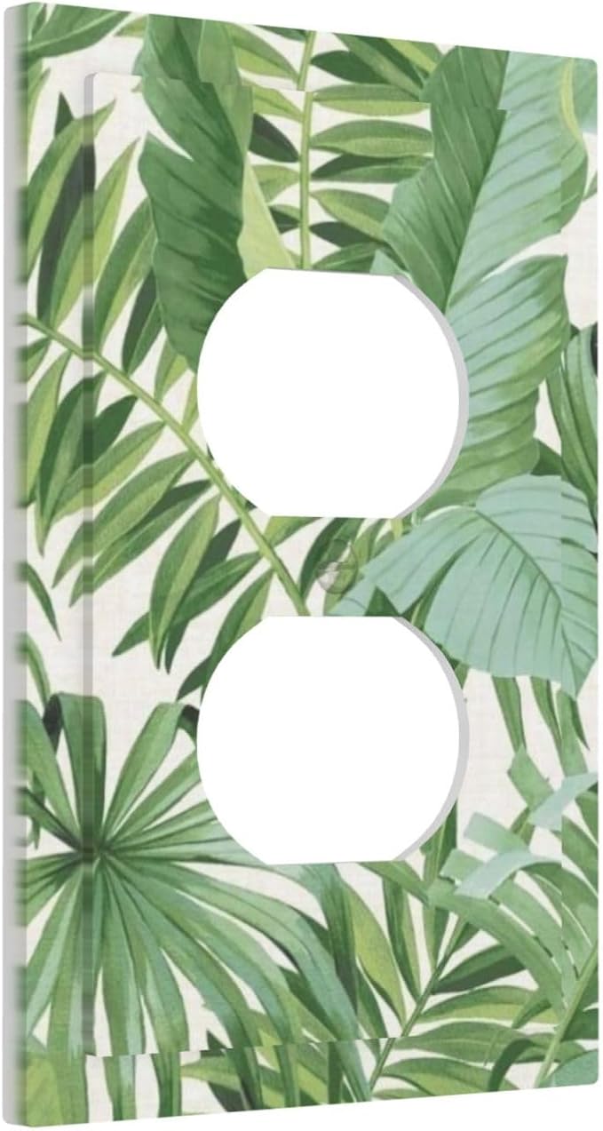 Palm Tree Leaves 1 Gang Duplex Receptacle Outlet Cover Green Tropical Monstera Banana Plant Leaf Electrical Wall Plate Summer Hawaiian Style One Gang Dual Device Light Switch Faceplate Socket Cover