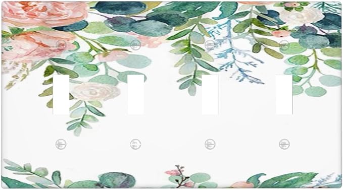 Green Eucalyptus Leaves Floral Watercolor Flower Light Switch Covers Quad Toggle Electrical Faceplate 4 Gang Wall Plate Decorative Switch Plates for Bed Room Living Room Decor