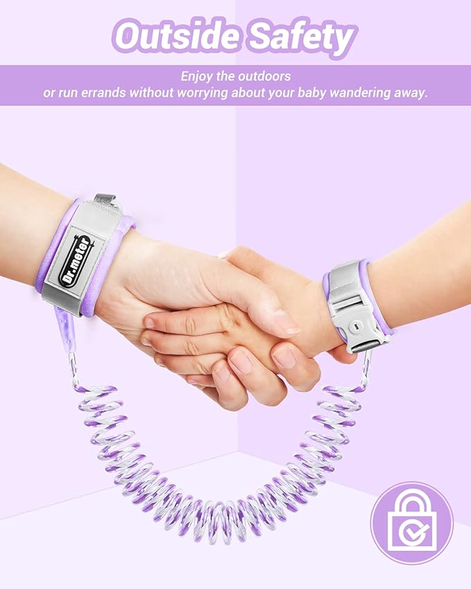 Dr.meter Kids Leash for Toddler, Reflective Anti Lost Wrist Link with Key & Lock, 8.2ft Safety Wristband Child Walking Harness for Supermarket Mall Airport Amusement Park Zoo Travel, Purple