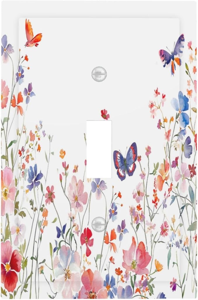 Colorful Flower Watercolor Floral Butterfly Bird Decorative Light Switch Cover 1 Gang Single Toggle Device Electrical Faceplate Switchplates Decorator Outlet Wall Plate for Bedroom Living Room Decor