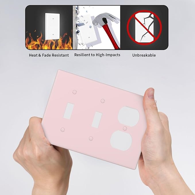 Light Pink 3 Gang 2 Toggle 1 Duplex Combination Light Switch Cover Decorative Girly Woman Solid Color Triple Combo Device Wall Plate Cover Electrical Faceplate Switch Faceplate Standard Size