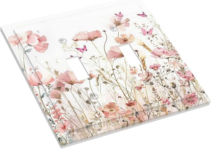 Boho Floral Watercolor Pink Wildflower Butterfly Decorative Switch Plates 2 Gang Double Toggle Outlet Light Switch Cover Wall Plate Electrical Faceplate for Bedroom Living Room Decor