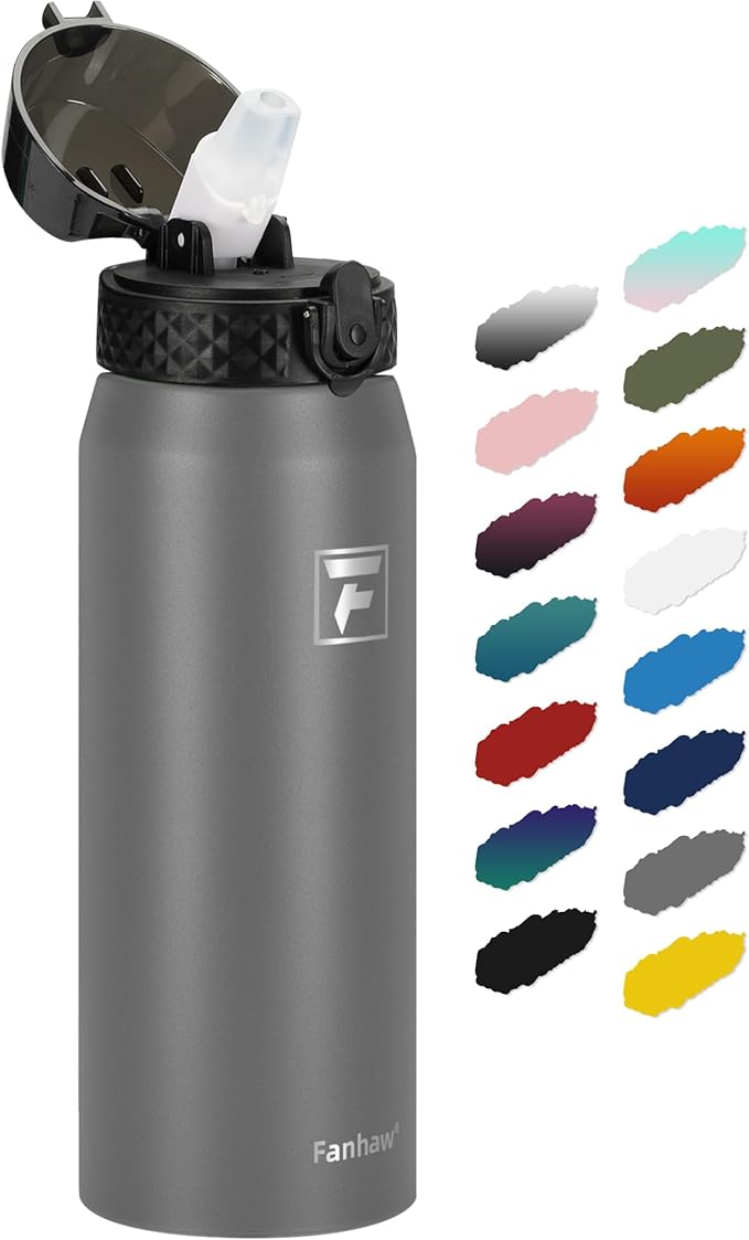 Fanhaw 24 oz Insulated Stainless Steel Water Bottle with Straw Lid, Leakproof & Anti-Dust Sports Bottle for Kids, Women & Men (Gray)