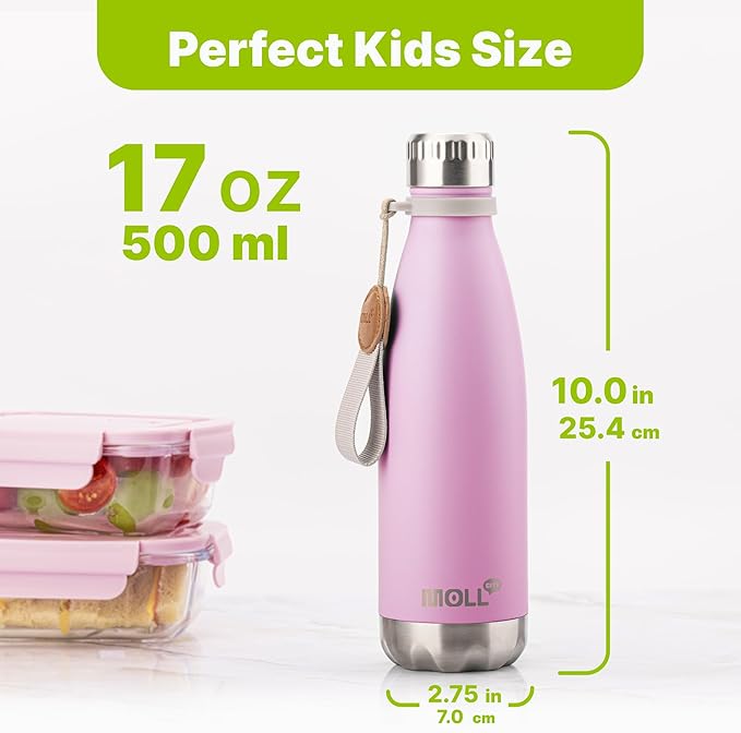 Water Bottle 17 oz Stainless Steel Vacuum Insulated Sports Flask Reusable Metal Leak Proof Travel Water Bottle for Women, Cola Shape BPA Free(Pink)