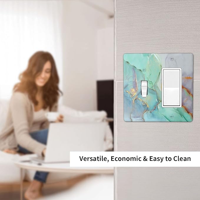 Teal Green Marble 2 Gang Single Toggle/Rocker Combination Light Switch Cover Decorative Wall Plate Faceplate Boys Kids Teen Girl Bedroom Room Decorate 4.5" x 4.5