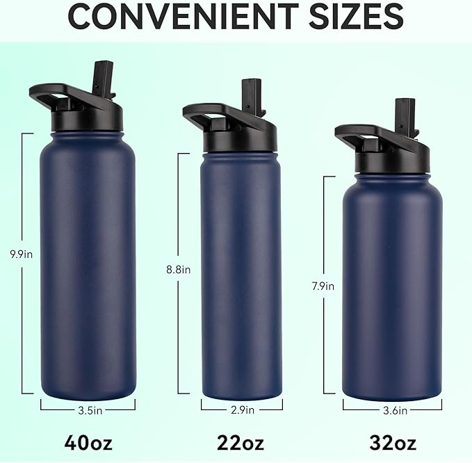 DOMICARE 32 oz Insulated Water Bottle, Vacuum Insulated Stainless Steel Sports Water Bottle with Straw Lid & Spout Lid, Leakproof, Reusable - Travel, Camping, Bike, Navy Blue