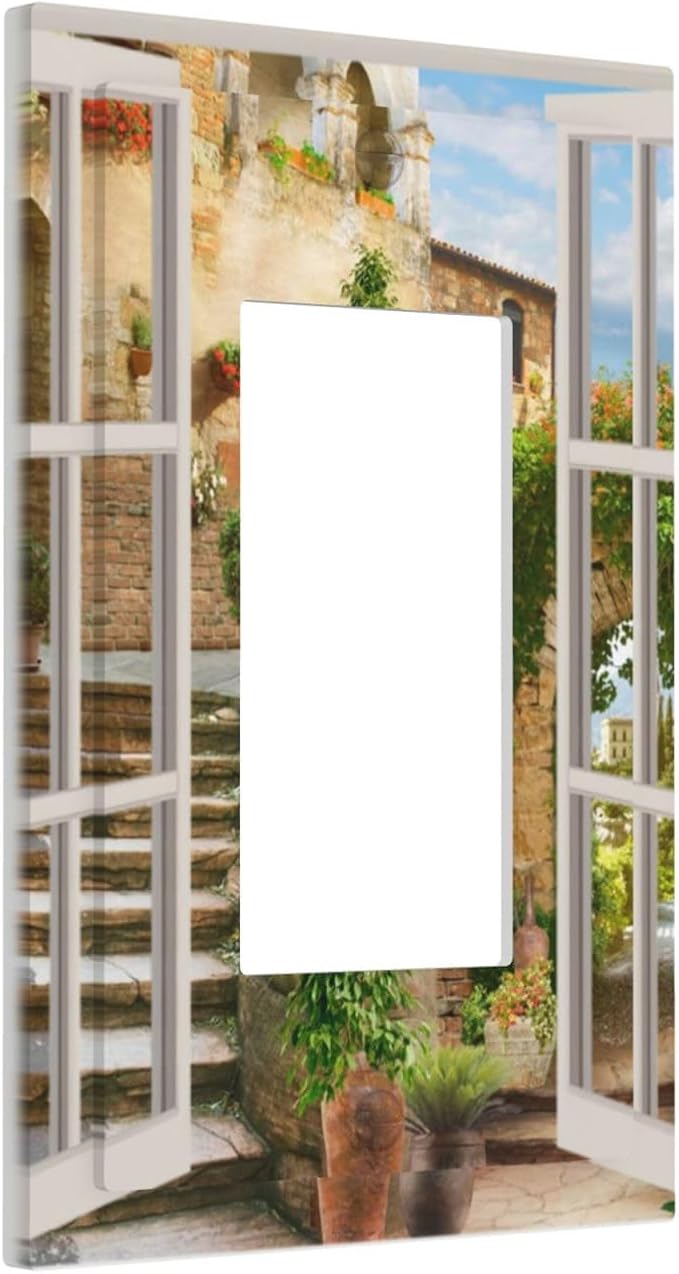 Mediterranean Greece Scene Flowers 1 Gang Light Switch Cover Single Rocker/Gfci Device Decorative Wall Plate Standard Size Receptacle Italian Town from Another Window Outlet Cover Plates Art Decor