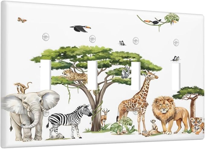 Large Animals Elephant Giraffe Jungle Lion Leopard Zebra Light Switch Covers Quad Toggle Electrical Faceplate 4 Gang Wall Plate Decorative Switch Plates Cover for Kids Room Nursery Decor