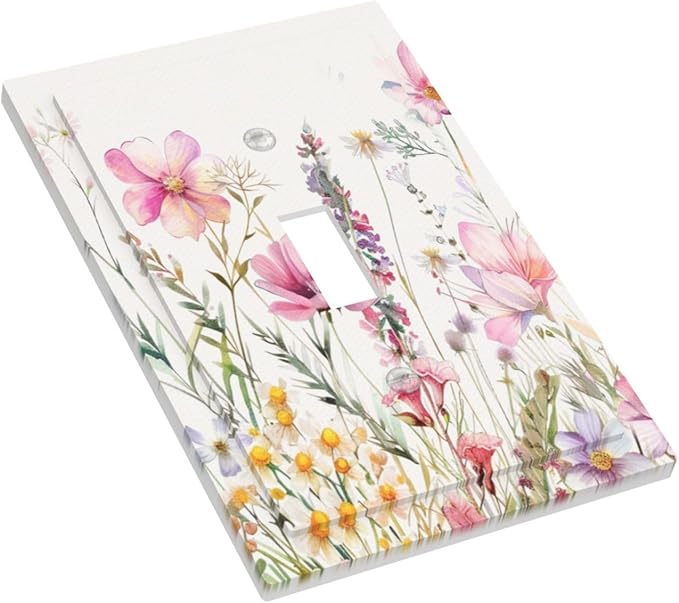 Pink Floral Wild Flowers Watercolor Plants Decorative Light Switch Cover 1 Gang Single Toggle Device Electrical Faceplate Switchplates Decorator Outlet Wall Plate for Bedroom Living Room Decor