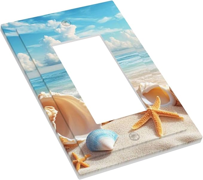 Beach Coastal Seashore Sea Starfish Shell Sand Decorative Outlet Covers 1 Gang Single Rocker Light Switch Cover Plate Wall Plates GFCI Faceplate for Bathroom Home Decor