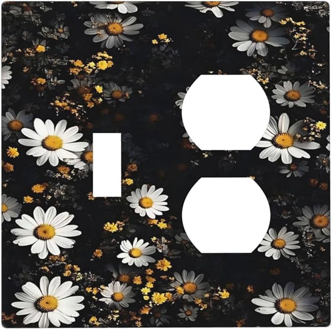 White Black Daisy Wildflower Modern Chrysanthemum Wallplates 1 Toggle 1 Duplex Switch Plate Electrical GFCI Faceplate Decorative Light Switch Covers for Bedroom Farmhouse Decor