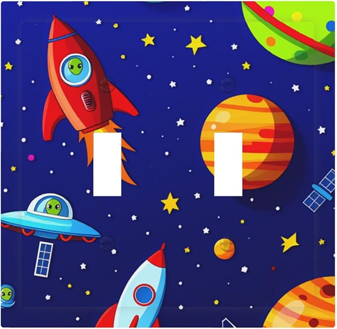 Planets, Rockets & Aliens Double Toggle Switch Cover - 2-Gang Standard US Size Astronaut Cosmic Adventure Light Switch Covers for Boy's Bedroom Decor