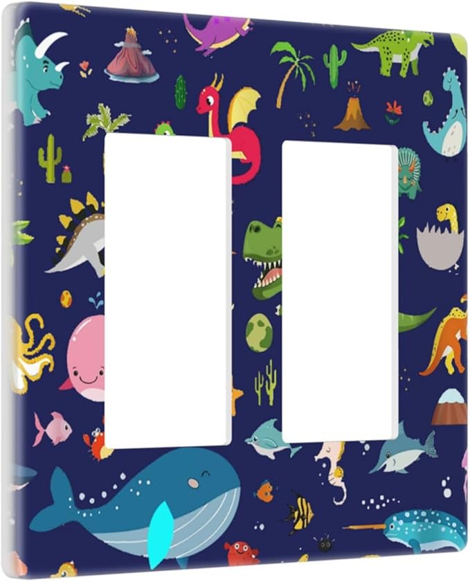 Cartoon Funny Cool Blue/Green Dinosaur 2 Gang Double Decorator GFCI/Rocker Wall Plate Boys Kids Whale Sea Life Dolphin Marine Electrical Outlet Decorative Receptacle Cover Light Switch for Dimmer, USB