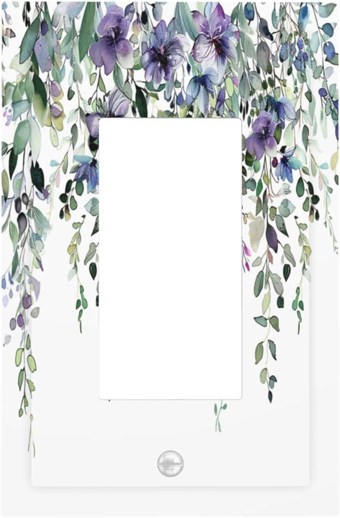 Light Switch Cover Plate Blue Purple Eucalyptus Leaves Boho Botanical 1 Gang Outlet Covers Single Rocker Decorative Switch plates Electrical Wall Plates GFCI Receptacle for Bathroom Home Decor