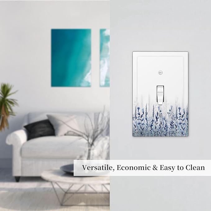 Decorative Light Switch Cover Plate Rustic Blue Plants Wildflowers Boho Leaves 1 Gang Wall Plate Cover Single Toggle Switch Plate Covers Jumbo Electrical Switchplate Receptacle Faceplate