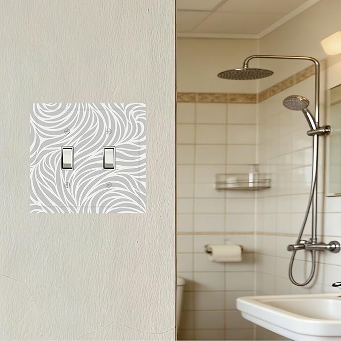 Silver Swirls Double Toggle Switch Cover - 2-Gang Standard US Size Modern Abstract Wave Vortex, Neutral Gray Decorative Light Switch Covers for Contemporary Home Decor