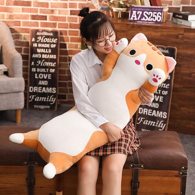 Long Cat Plush Pillow, Soft Cat Stuffed Animals Body Pillow Kitten Plush Hugging Pillow Toy Gifts for Kids (Brown, 35.4 inch)