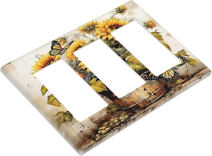 Light Switch Covers Rustic Vintage Sunflower Bouquet Butterfly 3 Gang Rocker Electrical GFCI Decorative Triple Outlet Wall Plate Cover Switchplate for Farmhouse Cabin Decor
