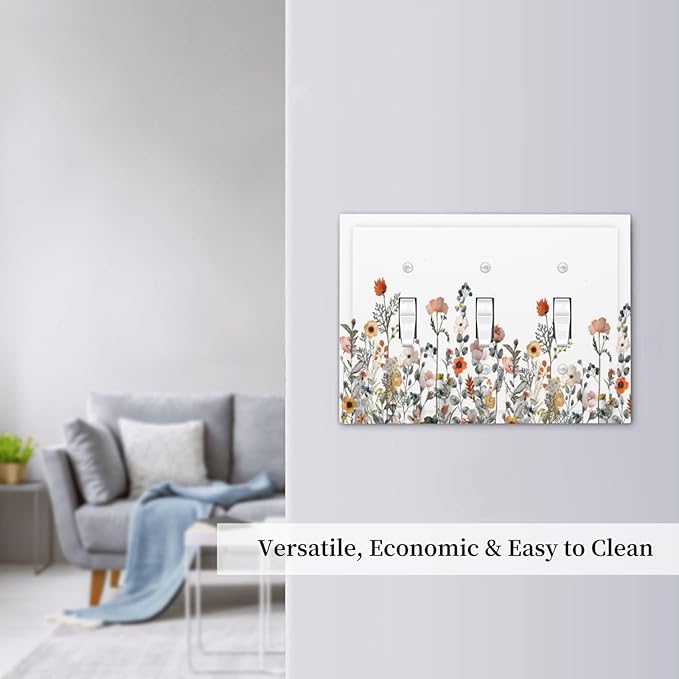 Decorative Switch Plates Colorful Wildflowers Boho Vintage Floral 3 Gang Wall Plate Triple Toggle Light Switch Cover Faceplate Electrical Wall Panels For Bed Room Living Room Decor
