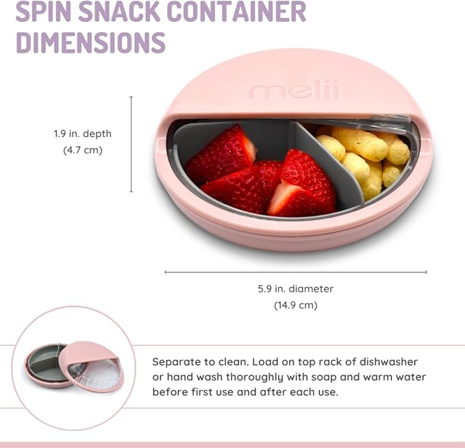 melii Spin Snack Container | 3-Compartment Rotating Snack Box with Sliding Window, BPA-Free, Dishwasher Safe, Portable Snack Container for Kids Ages 3+ (Pink)