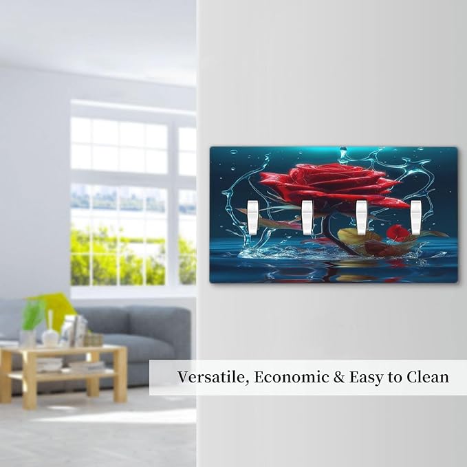 Red Rose Blue Water Drips Quad Toggle Light Switch Cover Decorative 4 Gang Wall Plate Covers Electrical Faceplate Switchplate for Kidroom Bathroom Bedroom Living Room Decor