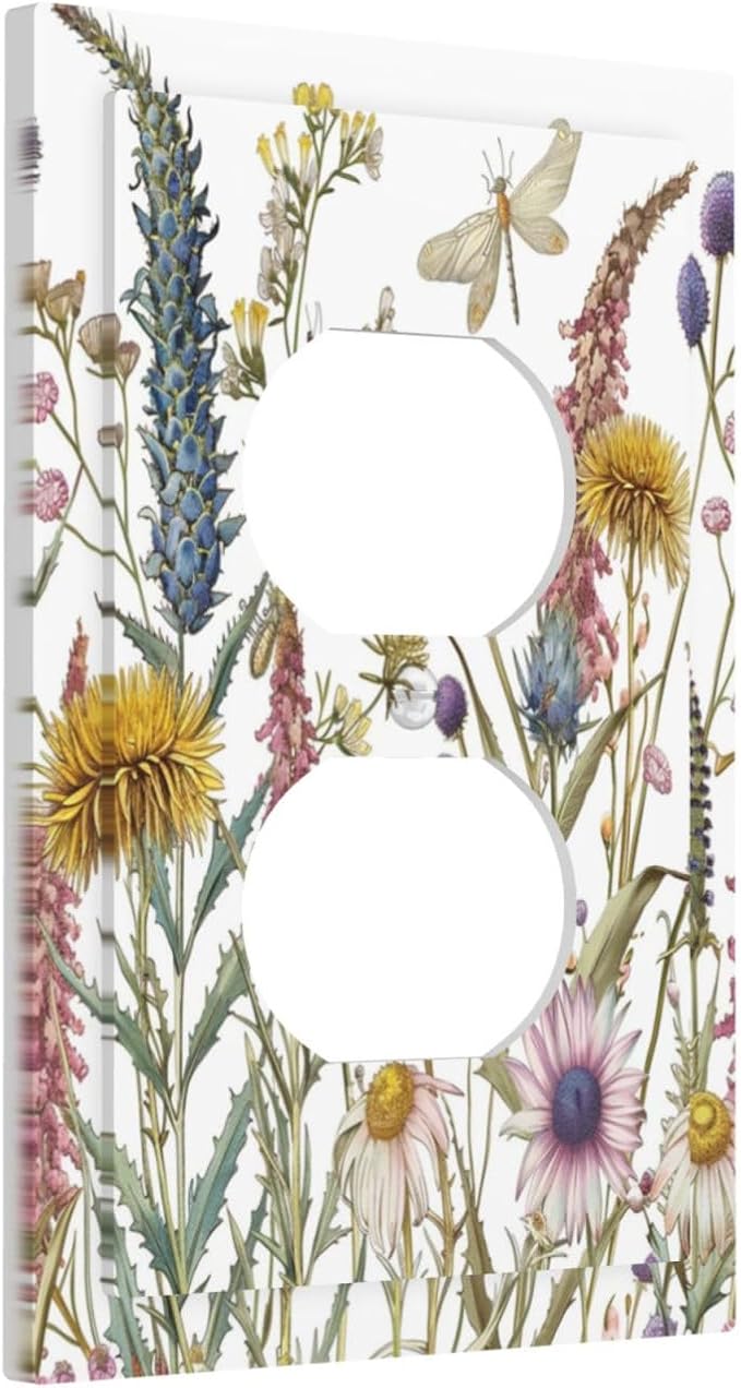 Decorative Outlet Covers Botanical Wildflowers Dragonfly Colorful Floral 1 Gang Duplex Light Switch Cover Plate Electrical Switch plates Wall Plates Receptacle Covers for Bathroom Bedroom