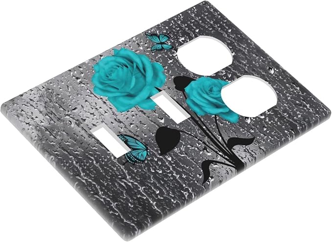 Women Elegant Turquoise Teal Blue Gray Rose Flower Raindrop Floral Butterfly 2 Toggle 1 Duplex Receptacle Light Switch Wall Plates and Outlet Cover Triple Device Combo Two Toggle One Receptacle Cover