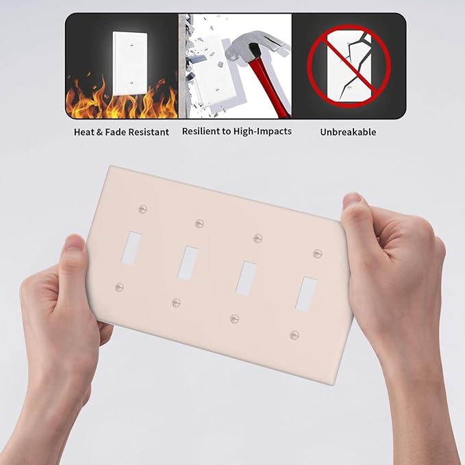 Decorative Yellow/Beige 4 Gang Quad Toggle Light Switch Cover, Solid Soft Colored Tan/Cream Electric Decorative Quadruple Device Outlet Switch Face Wall Plate Covers