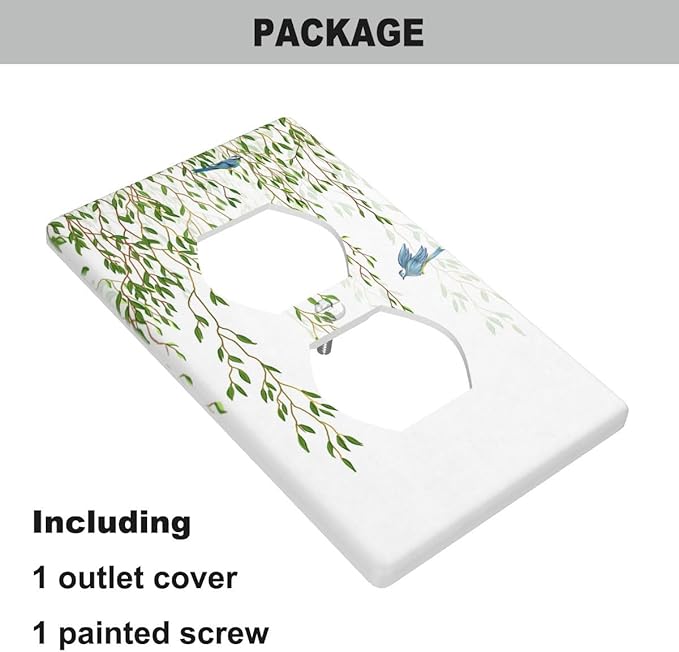 Green Eucalyptus Leaves Outlet Cover, Spring Summer Hummingbird 1-Gang Duplex Receptacle Wall Plate for Fresh Nature Home Bedroom Decor