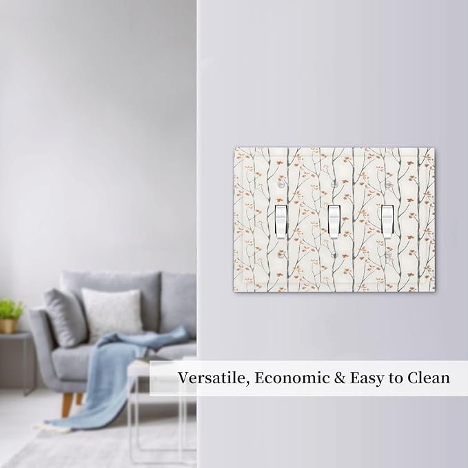 Boho Floral Watercolor Tree Branch Flower Minimalist Decorative Switch Plates 3 Gang Wall Plate Triple Toggle Light Switch Cover Faceplate Electrical Wall Panels for Bedroom Living Room Decor