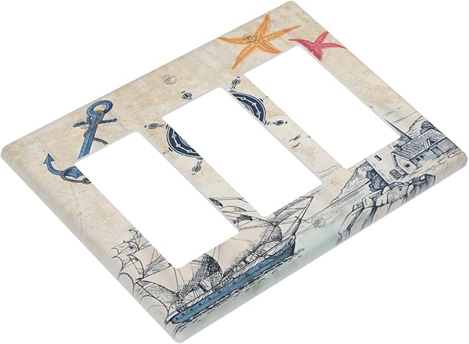 Nautical Sailboat Beach Anchor Pirate Beacon Ocean 3 Gang Rocker Light Switch Covers Decorative Triple Outlet Wall Plate Cover Faceplate Decorative Switchplate GFCI for Farmhouse Bathroom Decor